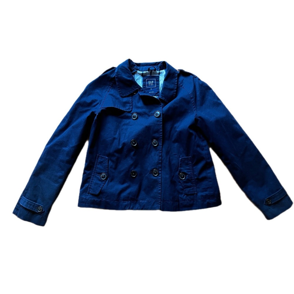 GAP Kids Navy Blue Crop Trench Coat Jacket Girls XL 12–13 Double Breasted [i]